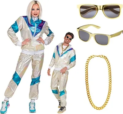 Produktbild von Set 80 er Jahre Trainingsanzug Holografisch-  Jogginganzug Gr. S - 3XL mit Brille und Goldkette L - 180-187cm