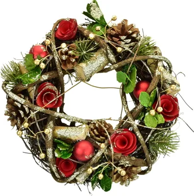 Produktbild von Kranz mit roten Blumen und Tannenzapfen Ø25 cm