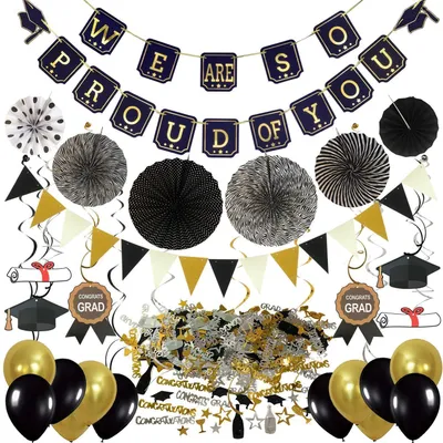 Produktbild von Abschlussdekoration Set Schwarz Gold Banner Pom Poms Girlande Luftballons