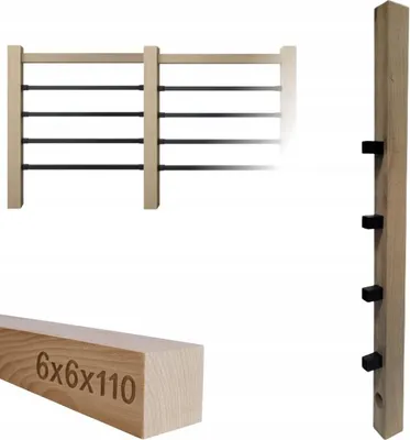 Obrázek produktu pro Čtvercové dřevo - Dřevěný sloupek - pro zábradlí - 6x6x110 cm - Dubové dřevo - Kompletní montážní sada - Montáž profilů 25x25 ve vodorovné poloze