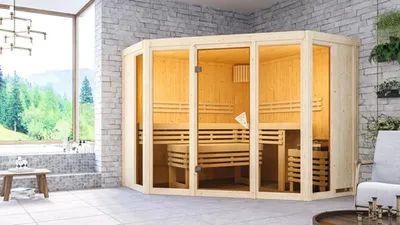 Produktbild von Elementsauna Karibu Armira 2 ohne Ofen und Dachkranz mit Ganzglasfensterfront