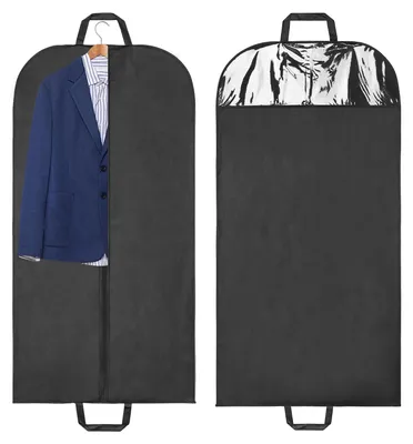 Productafbeelding van Set van 2 kledinghoezen voor pakken, 60x120 cm, zwart, inklapbare kledinghoes met handgrepen, draagbare reiskledinghoes, beschermhoes voor pakken, jassen en mantels (zwart)