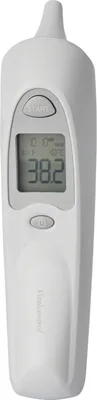 A close-up studio shot of a white digital ear thermometer.