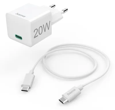 Obrázek produktu pro Hama - Napájecí adaptér - Miniaturní nabíječka s nabíjecím kabelem USB-C, 1 m - 20 W - PD, QC 2.0, QC 3.0 (24 pinů USB-C) - bílý (00201675)