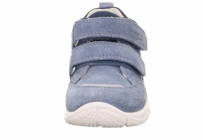 A front view of a blue baby shoe with two velcro straps.