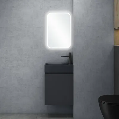 Produktbild von doporro Badezimmerschrank Badmöbel-Set in Anthrazit matt 46x26x63cm Waschbeckenunterschrank mit Mineralguss-Waschbecken in matt Anthrazit inkl. LED-Spiegel Pisa02