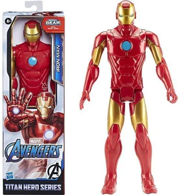 An Iron Man action figure in its packaging next to the figure itself.