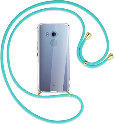 Produktbild von Handykette Backcover-Schutzhülle mit Band (Metall goldfarben) für HTC U11 Plus - türkis