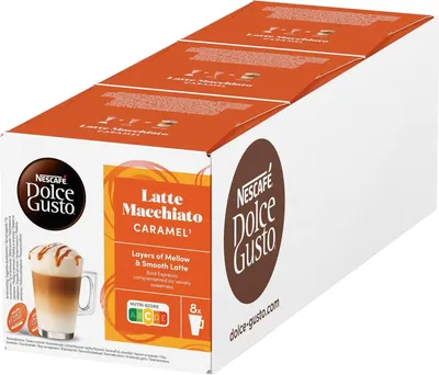 A box of Nescafé Dolce Gusto Latte Macchiato Caramel coffee pods.