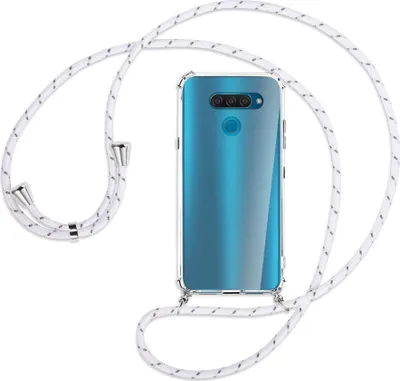 Produktbild von Handykette Backcover-Schutzhülle mit Band (Metall silberfarben) für LG Q60 - weiß/grau