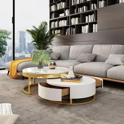 Produktbild von Casa Padrino Luxus Couchtisch Set Weiß / Gold - 2 runde Wohnzimmertische - Wohnzimmer Möbel - Luxus Qualität