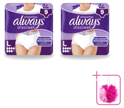 Image de 2 culottes absorbantes pour l'incontinence, marque Always Discreet, taille L, pour femmes, pack économique de 2 pièces