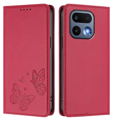 Image de Étui en cuir pour Realme 16 Pro, étui de protection type portefeuille en cuir gaufré motif papillon avec support, rouge