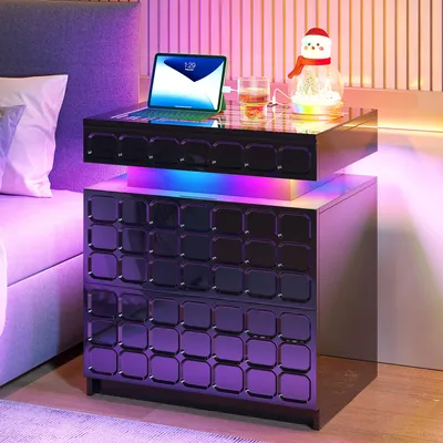 Produktbild von LVSOMT Nachttisch Schwarz mit RGB-Beleuchtung, integrierter Ladestation und verstecktem Stauraum, moderner Beistelltisch für Schlafzimmer