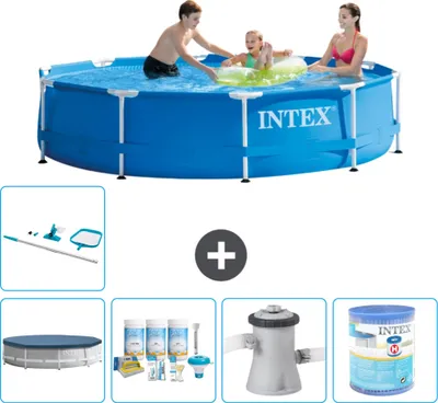 Produktbild von Intex-Schwimmbecken mit rundem Rahmen – 305 x 76 cm – Blau – im Lieferumfang enthalten Abdeckung - Wartungspaket - Filterpumpe für Schwimmbad - Filter - Reinigungskit