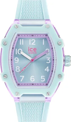 A close-up studio shot of a light blue and purple Ice-Watch analog watch.