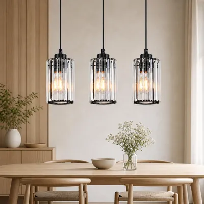 Image de ZMH Suspension table à manger 3 lampes noire cristal culot E27 réglable en hauteur lampe suspendue moderne luminaire salle à manger salon chambre, productTiles.product.images.aiGenerated