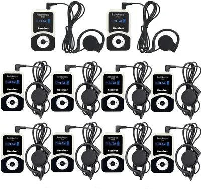 A collage of multiple Retekess T131 receivers with earphones.