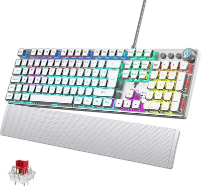 Produktbild von Gamer Tastatur Programmierbare mit Magnetische Handgelenkauflage, Rote Schalter, 19 LED Modi, Multimedia-Tasten, PC Tastatur Kabel QWERTZ DE-Layout