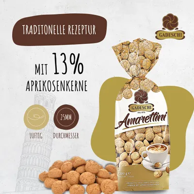 A bag of Gadeschi Amarettini cookies with text and graphics highlighting product features.