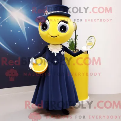 Produktbild von Maskottchenfigur REDBROKOLY einer Marine-Zitrone gekleidet in ein Abendkleid und Clutch-Taschen