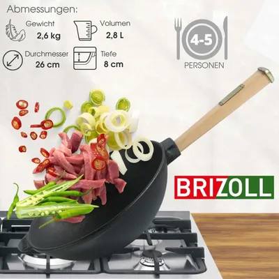 Produktbild von Gusseisen Wok Pfanne 26 cm BRIZOLL Wokpfanne 2,8L für Gasgrill, Herd, Ofen, Lagerfeuer Asia Gusseisenpfanne Induktionsgeeignet Cast Iron