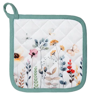 Produktbild von Clayre & Eef Topflappen 20x20 cm Weiß Grün Baumwolle Blumen