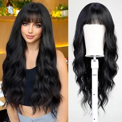 Produktbild von Lange Lockige Schwarze Perücken mit Pony Perücke für Frauen synthetisches Haar Perücke für Party Cosplay täglichen Gebrauch -26 Zoll