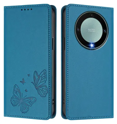 Image de Étui en cuir pour Honor X9A/Magic5 Lite, motif papillon, étui portefeuille à rabat avec support, bleu