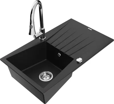 Produktbild von Mexen Cesar 1 Becken-Granitspüle mit Abtropffläche und Mischbatterie Elia, Schwarz - 6514-77-670101-00