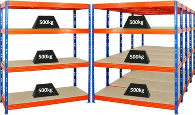 Produktbild von Mega Deal | 5x Profi Schwerlastregal Rhino | HxBxT 180x160x60cm | 4 Spanplatten-Ebenen 16mm | Fachlast 500kg | Blau-Orange
