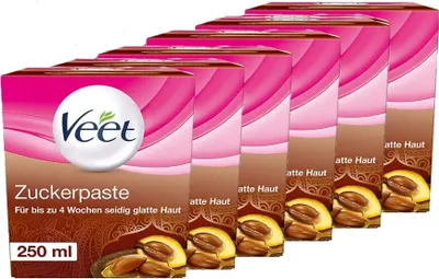 Produktbild von Veet Sugaring Zuckerpaste mit Arganöl zur Haarentfernung für spürbar glatte Haut für bis zu 4 Wochen, 6 x 250 ml