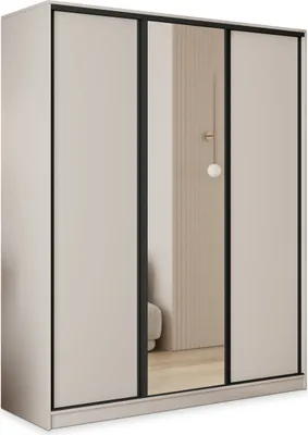 Produktbild von Masseno Schiebetürenschrank TARI 160/205/58 cm Kleiderschrank mit 4 Schubladen Schlafzimmer Schrank 3-türig mit Spiegel Kaschmir
