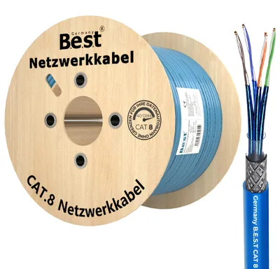 500 m CAT 8 Netzwerkkabel auf Kabeltrommel mit Kabelaufbau