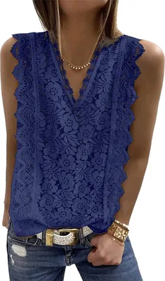 Produktbild von ASKSA Damen Ärmellos Bluse Spitze T-Shirt Elegant V-Ausschnitt Hemd Sommer Oberteile Tunika Blusen Tops , Dunkelblau, L
