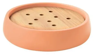 Zdjęcie produktu dla Mydelniczka wykonana z polirezyny, średnica 11,6 cm, wysokość 2,4 cm, kolor: koralowy i bambusowy, marka: Spirella, model: Sven