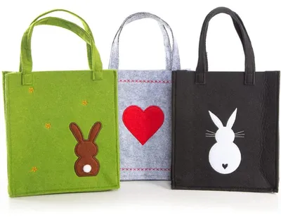 Produktbild von 3 Osternest Verpackungen aus Filz - Henkeltaschen grün + grau + schwarz