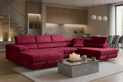 Produktbild von Sofiland Aller U-Form Ecksofa XXL Schlaffunktion 2 Bettkästen Rot Rechts