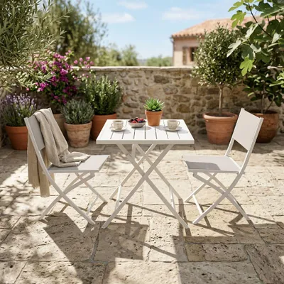 Immagine prodotto di Milani Home - Set Tavolo Da Giardino Pieghevole Salvaspazio In Alluminio 70x70 Compreso Di 2 Sedie In Alluminio E Textilene Colore Bianco,Grigio - Bianco