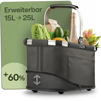 Image de Panier de courses pliable Praknu, petit modèle – 2 en 1, extensible de 15 à 25 litres – Housse amovible et lavable – Robuste grâce à son cadre en aluminium et son fond renforcé – Noir