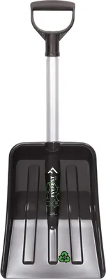 A black and silver snow shovel with a D-shaped handle, shown against a white background.
