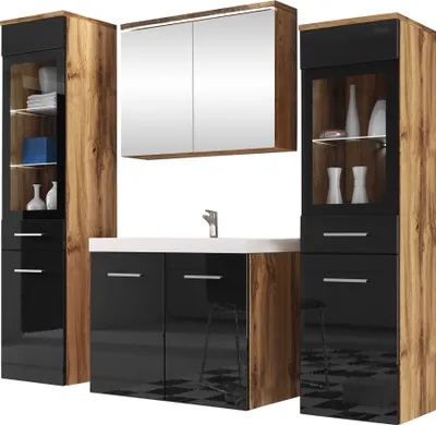 Produktbild von MIRJAN24 Badmöbel-Set Madrit II, Badezimmer-Set mit Spiegel und Waschbecken (Farbe: Wotan Eiche / Weiß Hochglanz, mit Siphon, mit weißer LED Beleuchtung)