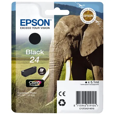 Zdjęcie produktu dla Epson Elephant Singlepack Black 24 Claria Photo HD Ink, Czarny, Tusz na bazie pigmentu, 1 szt.