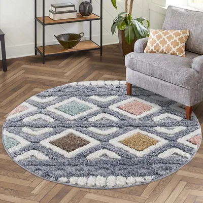 Produktbild von Teppich Hochflor Wohnzimmer - 120 cm Rund - Boho-Chic Ethno Multi - Hochtief-Muster/ 3D-Effekt