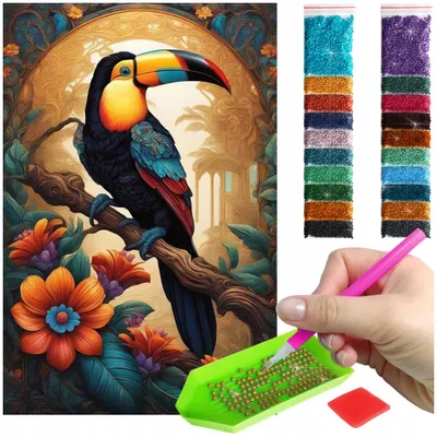 Produktbild von ARTULIO - Diamond Painting Set - Bunter Tukan mit Blumen - 60 × 40 cm - Groß XXL - Crystal Art, Home Wand Deko, Komplettset Mosaik + Zubehör