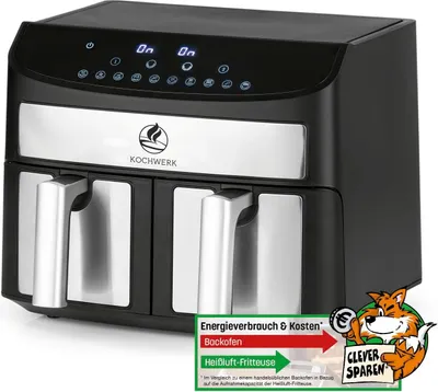 Produktbild von KOCHWERK Doppelkammer Heißluftfritteuse 7L Digitaler Edelstahl Airfryer mit Touchscreen 10 Programmen Frittieren ohne Öl fettarm Smart-Cook Funktion