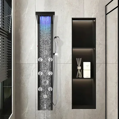 Immagine prodotto di Jayseuw pannello doccia per bagno Sistema doccia idromassaggio Doccia a pioggia Pannello doccia multifunzionale 6 grandi getti massaggianti Colonna doccia, nero