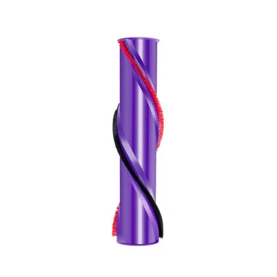 A purple vacuum cleaner brush roll with red and black bristles, isolated on a white background.