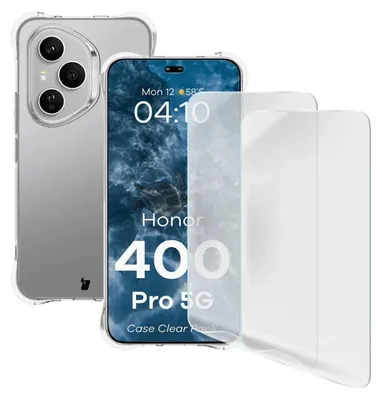 A clear phone case and screen protector are displayed with a phone.