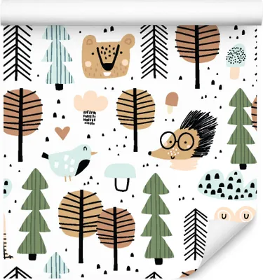 Obrázok produktu pre 10m VLIES WALLPAPER rolka škôlka chlapec medvede ježkovia stromy listy XXL